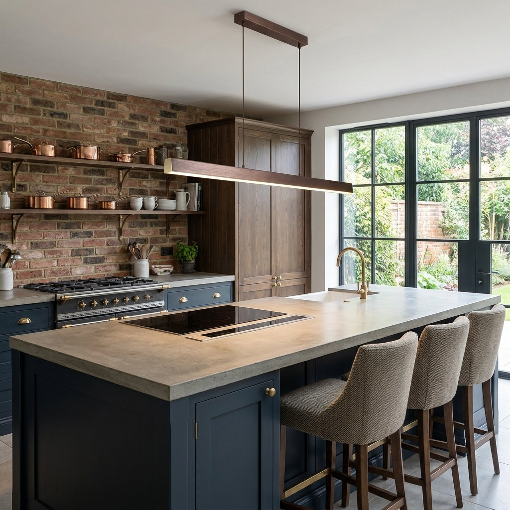 Uvza linear pendant light above a kitchen island with blue cabinet doors