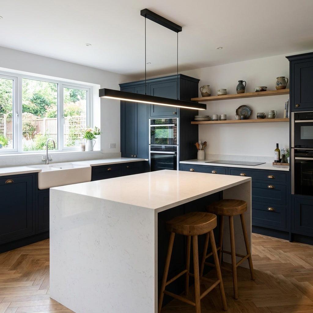 Uvza linear pendant light hanging above a kitchen island in a navy cabinet kitchen