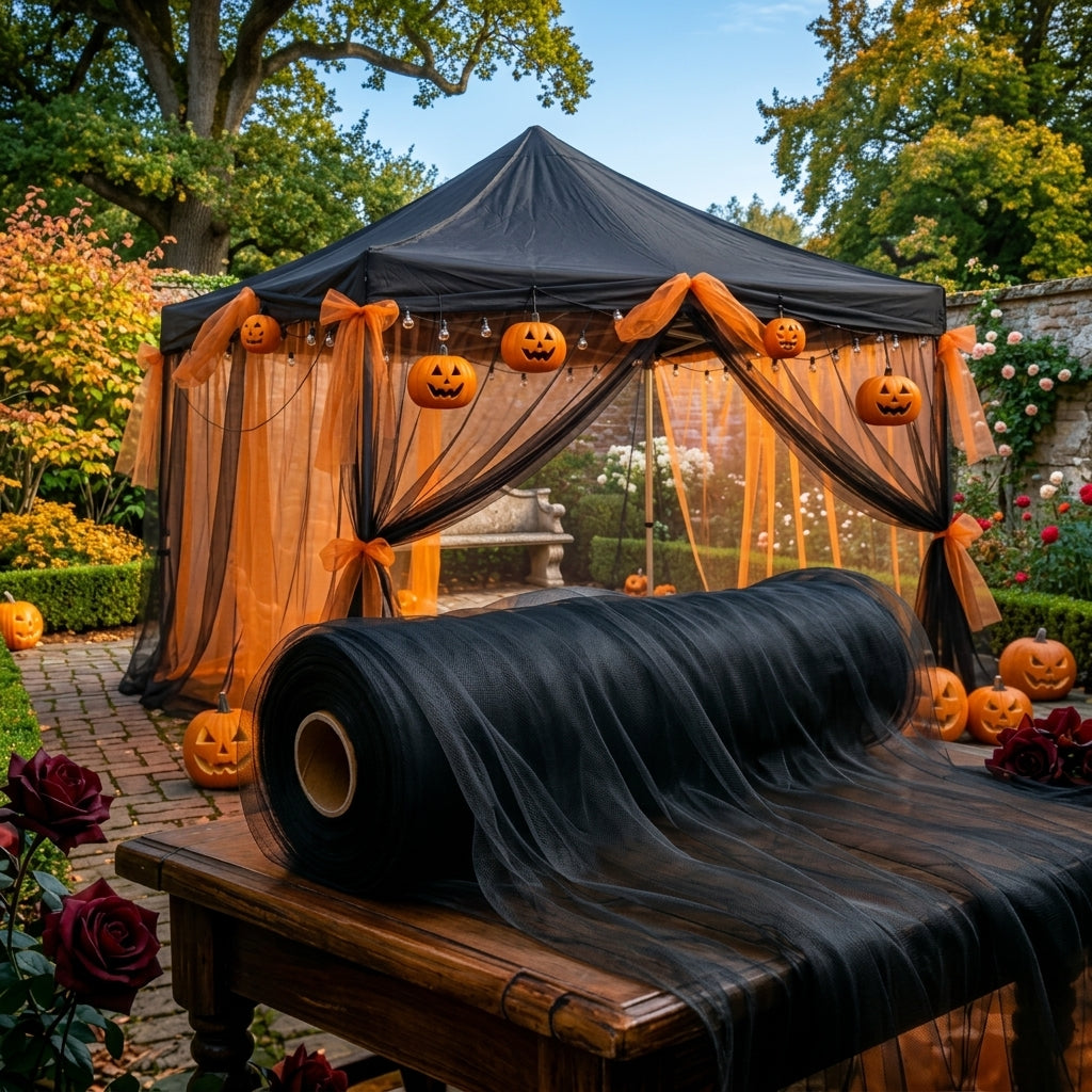 Vampnet black sheer tulle fabric roll in front of a black Halloween gazebo tent decorated with orange bows and pumpkins