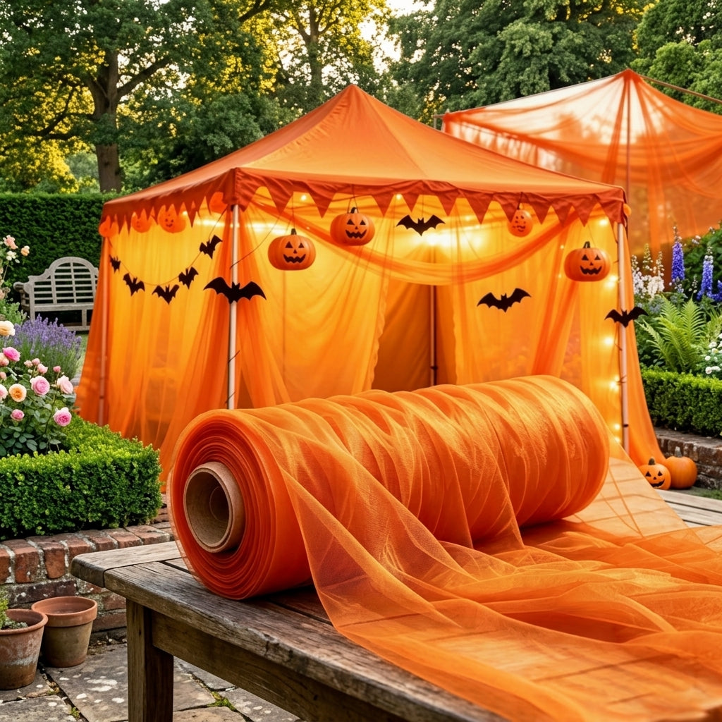 Vampnet orange sheer tulle fabric roll in front of an orange-draped Halloween garden tent with pumpkins and bats