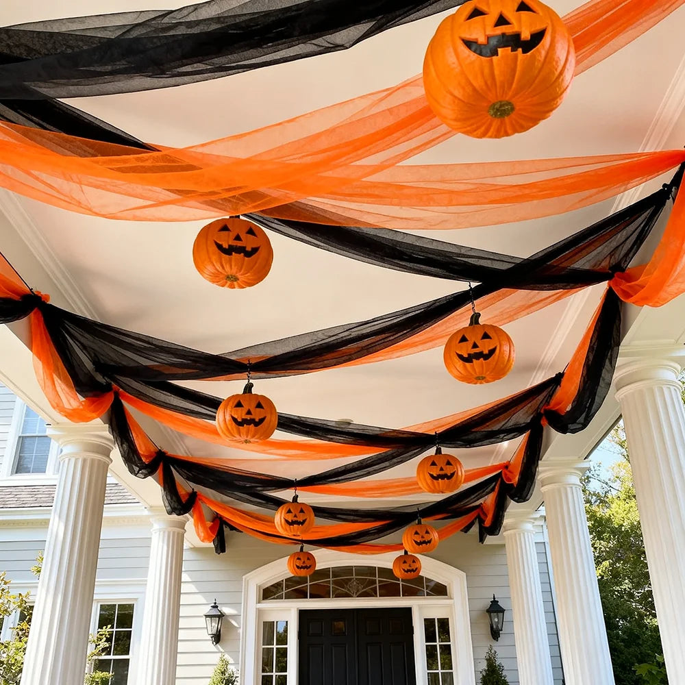 Vampnet orange and black sheer tulle fabric draped for Halloween decoration