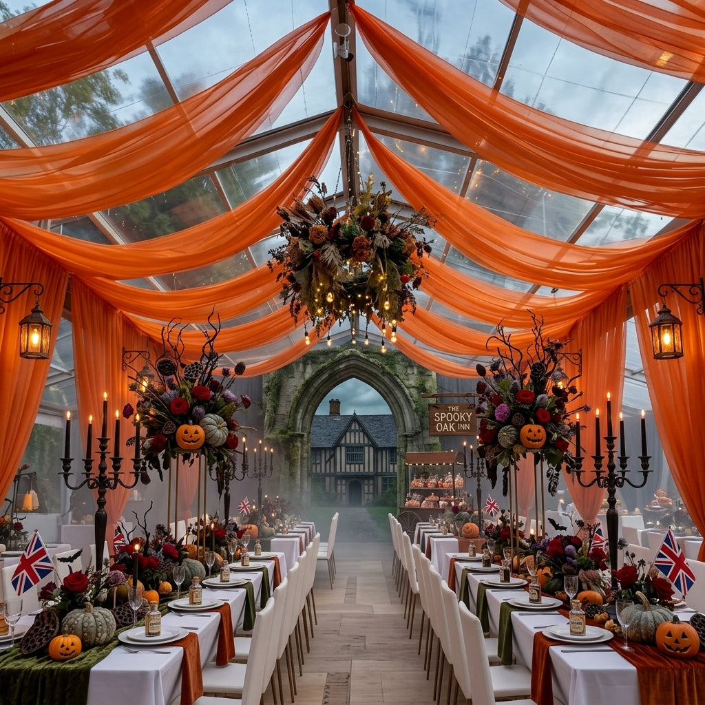 Vampnet orange sheer tulle draped across a marquee ceiling over a Halloween banquet table
