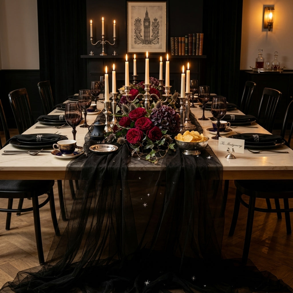 Vampnet black sheer tulle styled as a table runner on an elegant Halloween dinner table