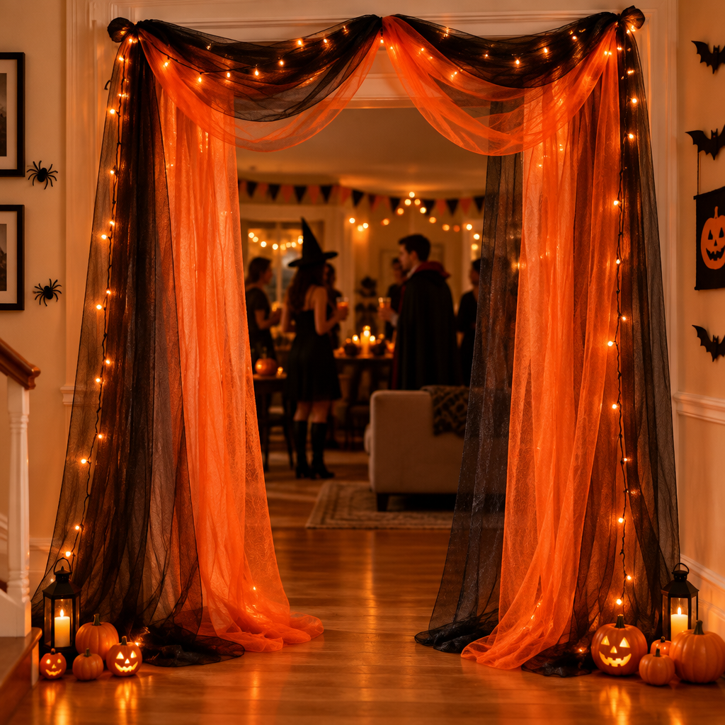 Vampnet orange and black sheer tulle draped as a doorway curtain backdrop at a Halloween house party
