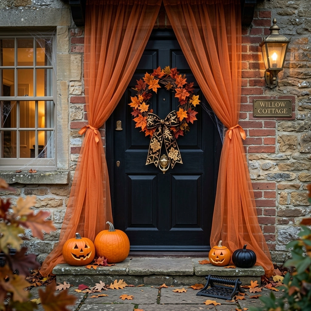 Vampnet orange sheer tulle tied as curtains around a black front door with Halloween pumpkins