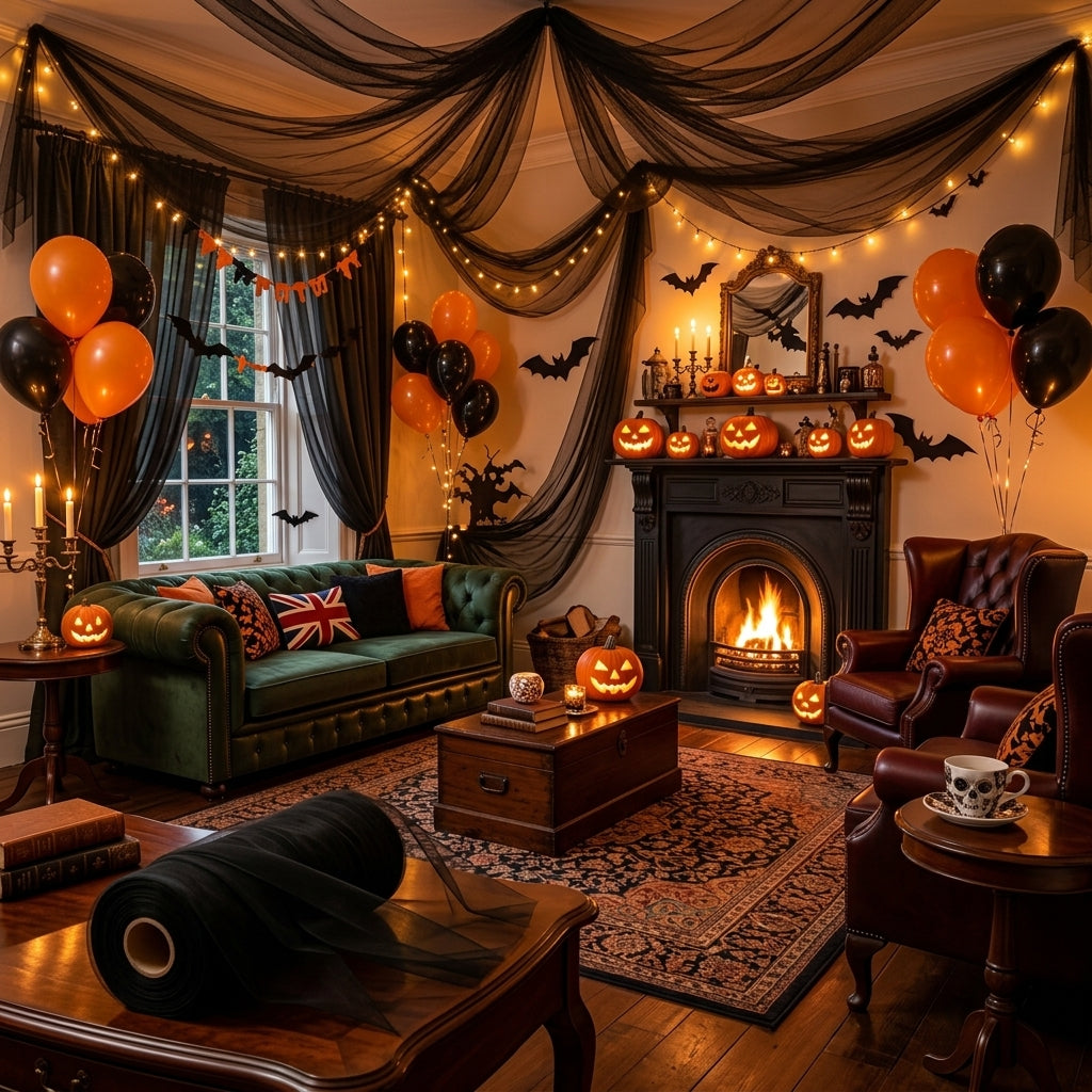 Vampnet black sheer tulle draped as a ceiling canopy over a Halloween-decorated living room with a fireplace