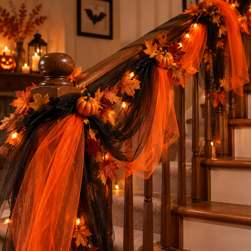 Vampnet orange and black sheer tulle wrapped around a Halloween-decorated staircase banister