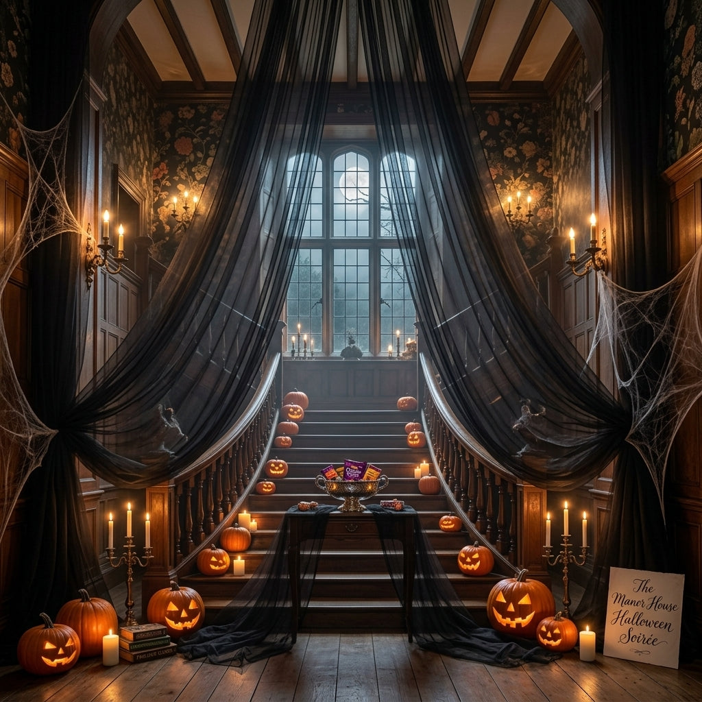 Vampnet black sheer tulle draped down a grand staircase for a Halloween manor house soiree