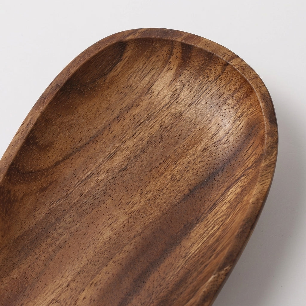 Vebza Japandi orb wall light solid wood oval tray close-up showing the natural wood grain