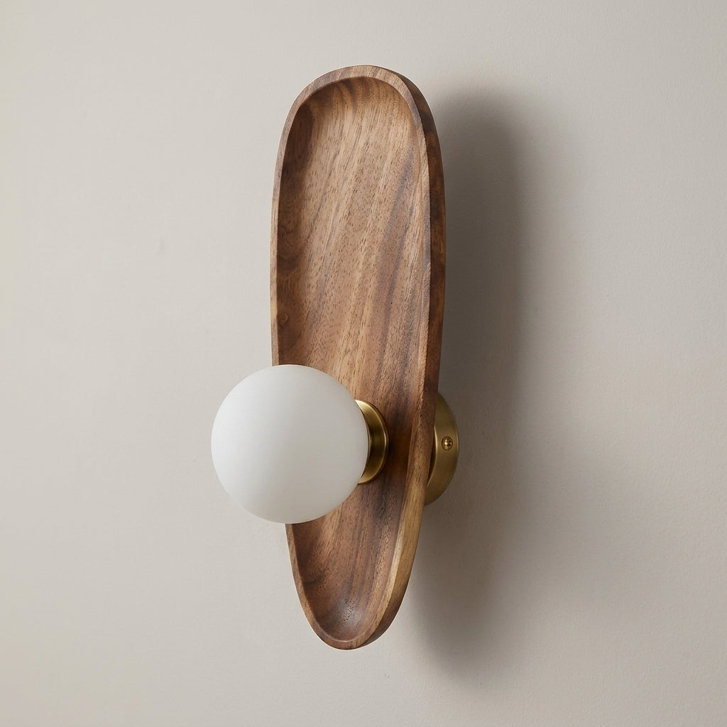 Vebza Japandi orb wall light, solid wood oval sconce with frosted glass globe, Type A, angled hero view