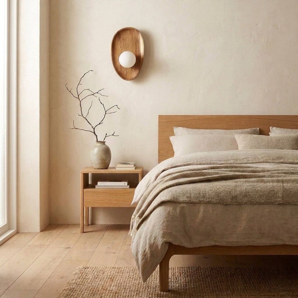 Vebza Japandi orb wall light, Type B, mounted beside a bed in a bedroom