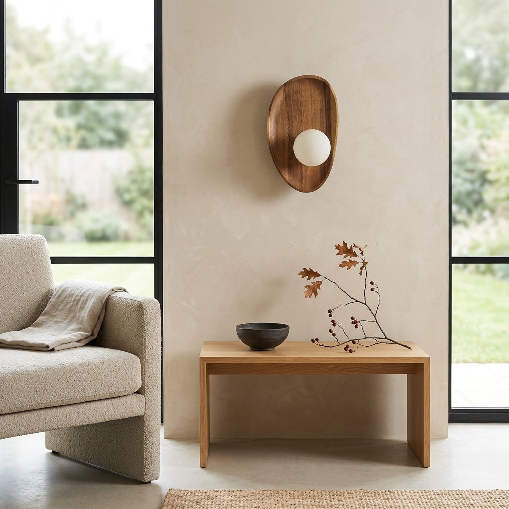 Vebza Japandi orb wall light, Type B, mounted beside a window in a living room