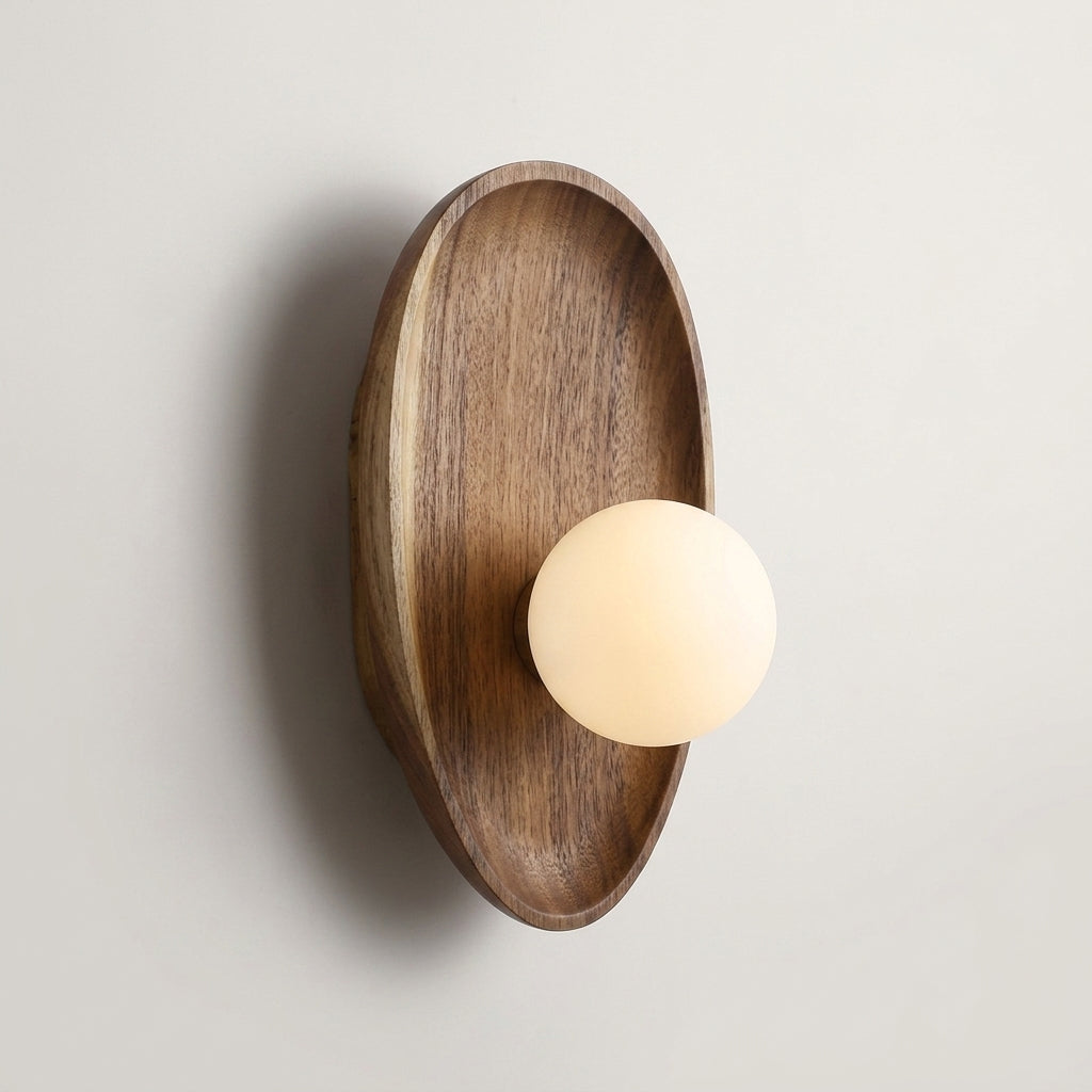 Vebza Japandi orb wall light, solid wood oval sconce with frosted glass globe, Type B, front view