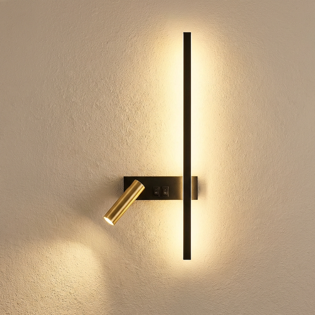 Asymmetrical veqi black and gold bedside reading wall light featuring a linear backlight and built-in toggle switches