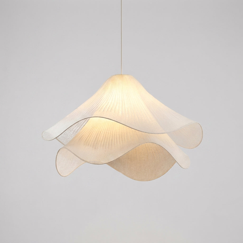 Veqzu layered lotus fabric pendant light, lit, on a plain background