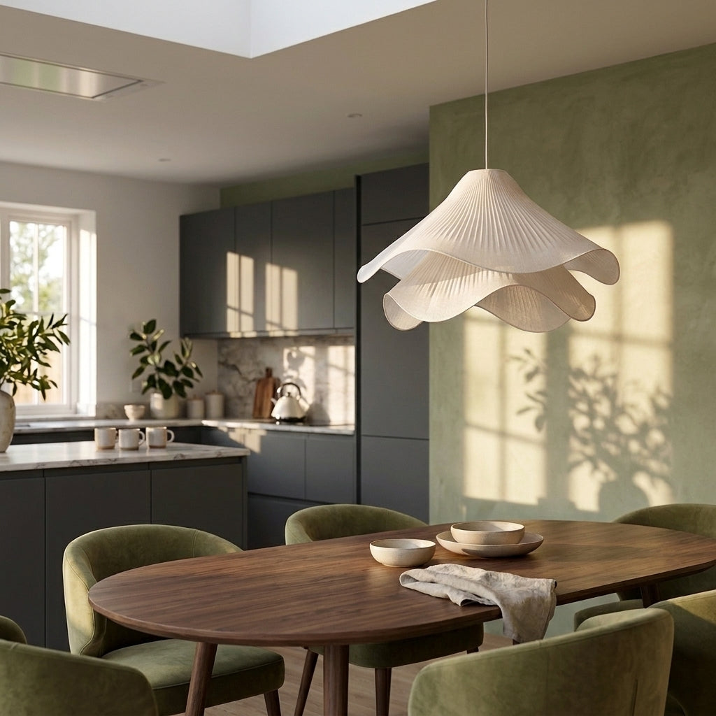 Veqzu fabric pendant light hanging above a dining table in a dark green kitchen