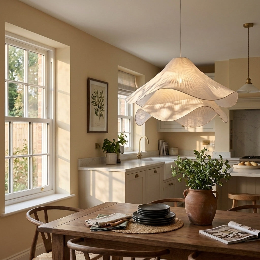 Veqzu fabric pendant light hanging above a kitchen table near a window