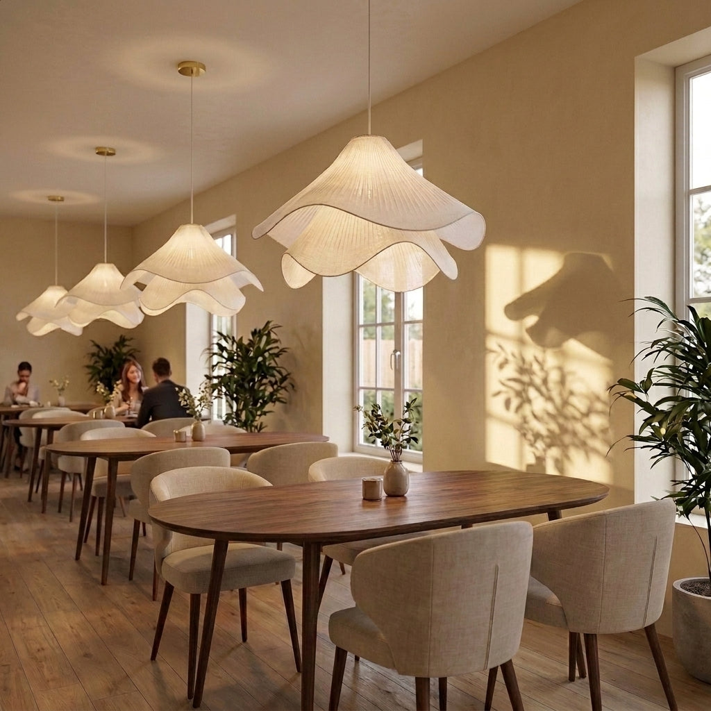 Veqzu fabric pendant lights in a row above restaurant dining tables