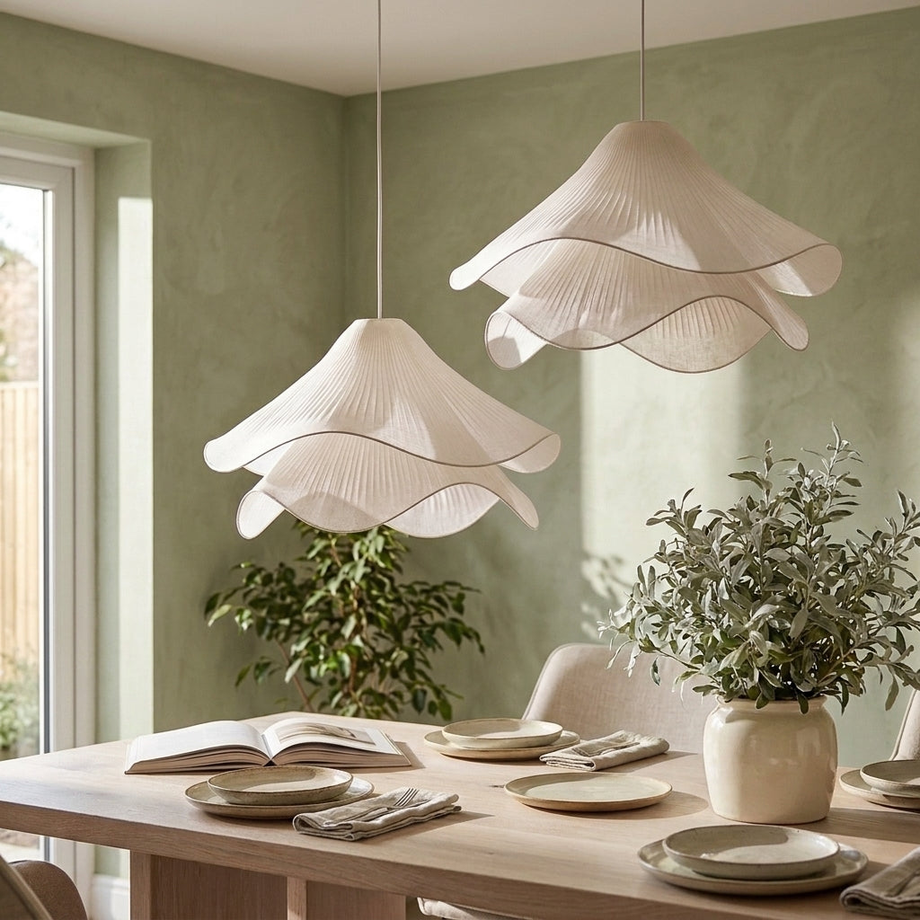 Veqzu fabric pendant lights above a sage green dining room table with place settings