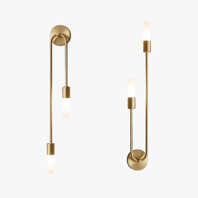 Isolated views showing the modern gold U-shaped vergs wall sconce mounted facing upwards and downwards