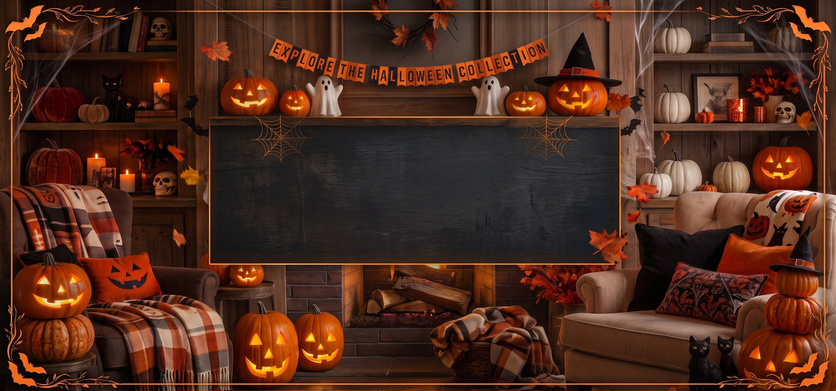 Cozy room decorated with glowing jack-o'-lanterns, skulls, and autumn leaves for the Vexfa Halloween event.