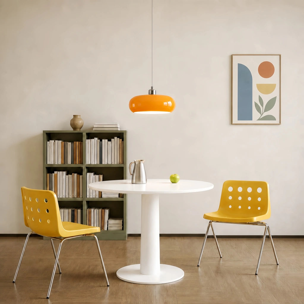 Vibrant orange Bauhaus pendant light suspended above a white round dining table surrounded by yellow chairs