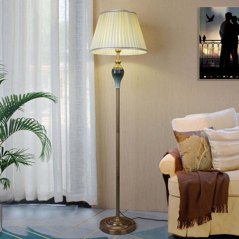 Vintage Pleated Fabric Floor Lamp - Antique Brass Finish Standing Light