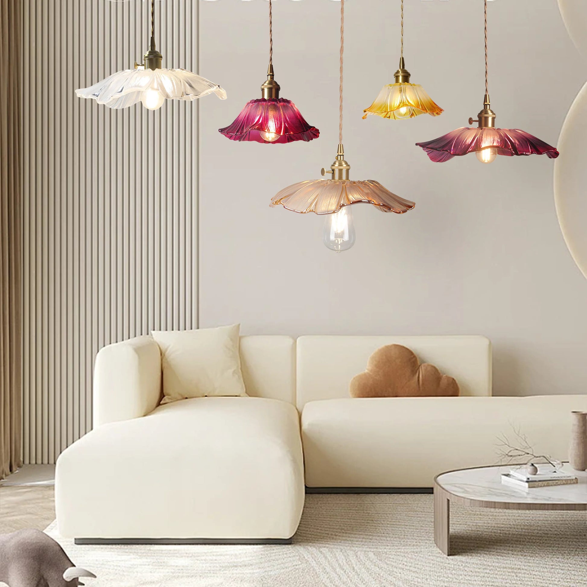 Multiple vintage glass dome chandeliers adding a romantic glow to a contemporary living room