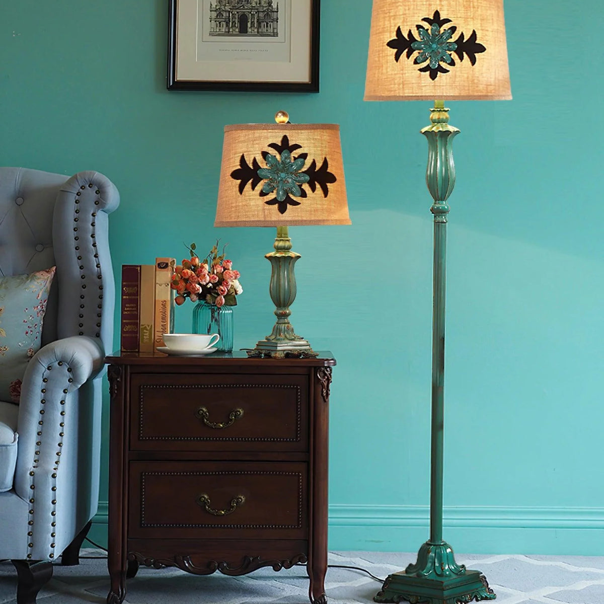 Vintage green floor lamp standing next to a matching table lamp in a classic blue interior