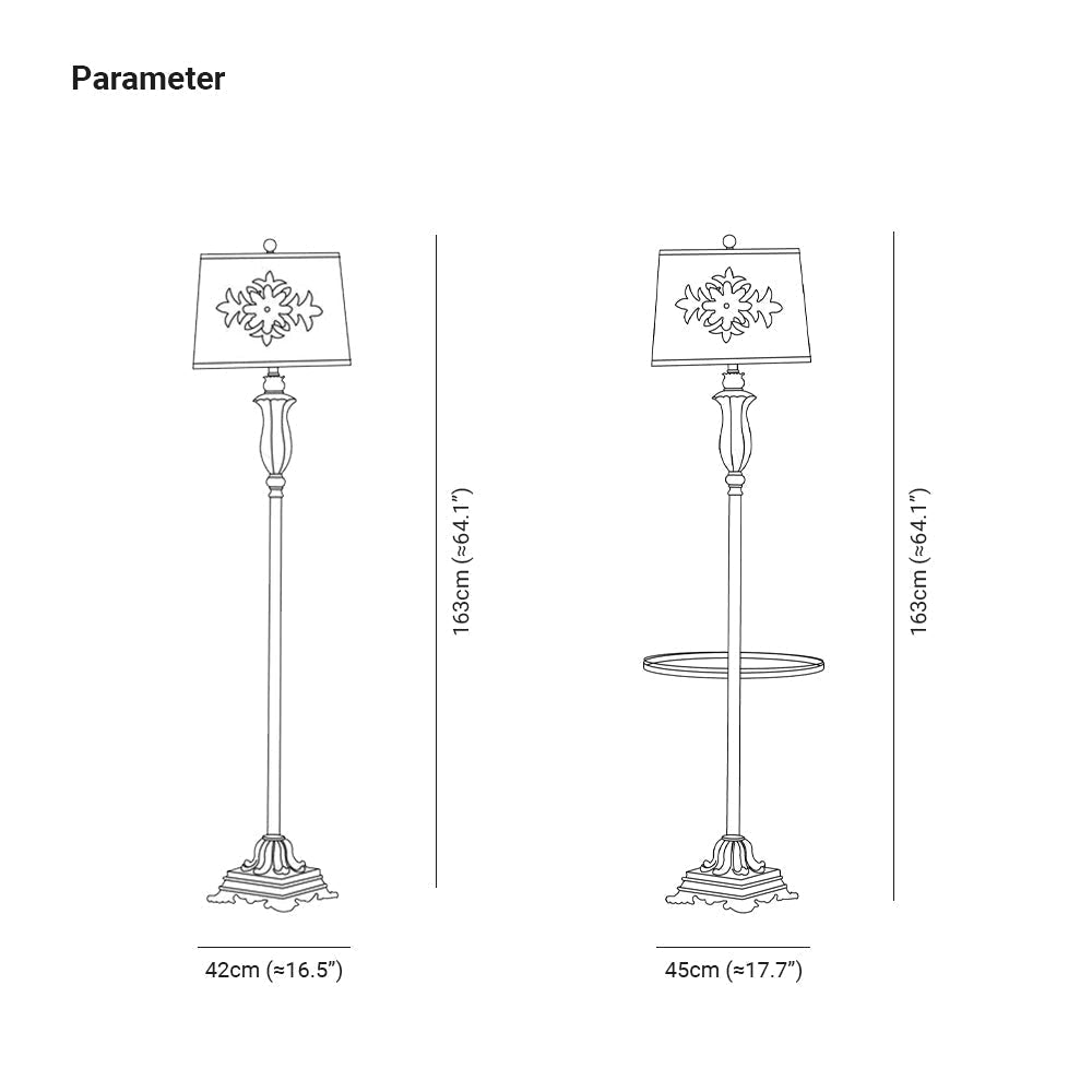 Dimensions and sizing guide for the standard and tray table models of the vintage green floor lamp