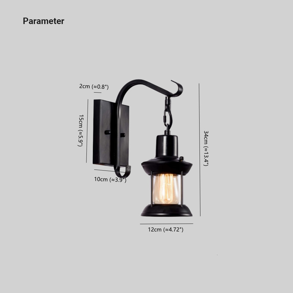 Dimensions guide for the vintage lantern wall sconce showing height, width, and wall plate measurements