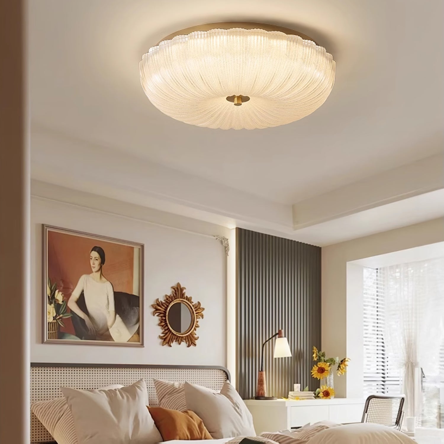 Vintage ribbed glass dome ceiling light adding a warm glow to a classic bedroom