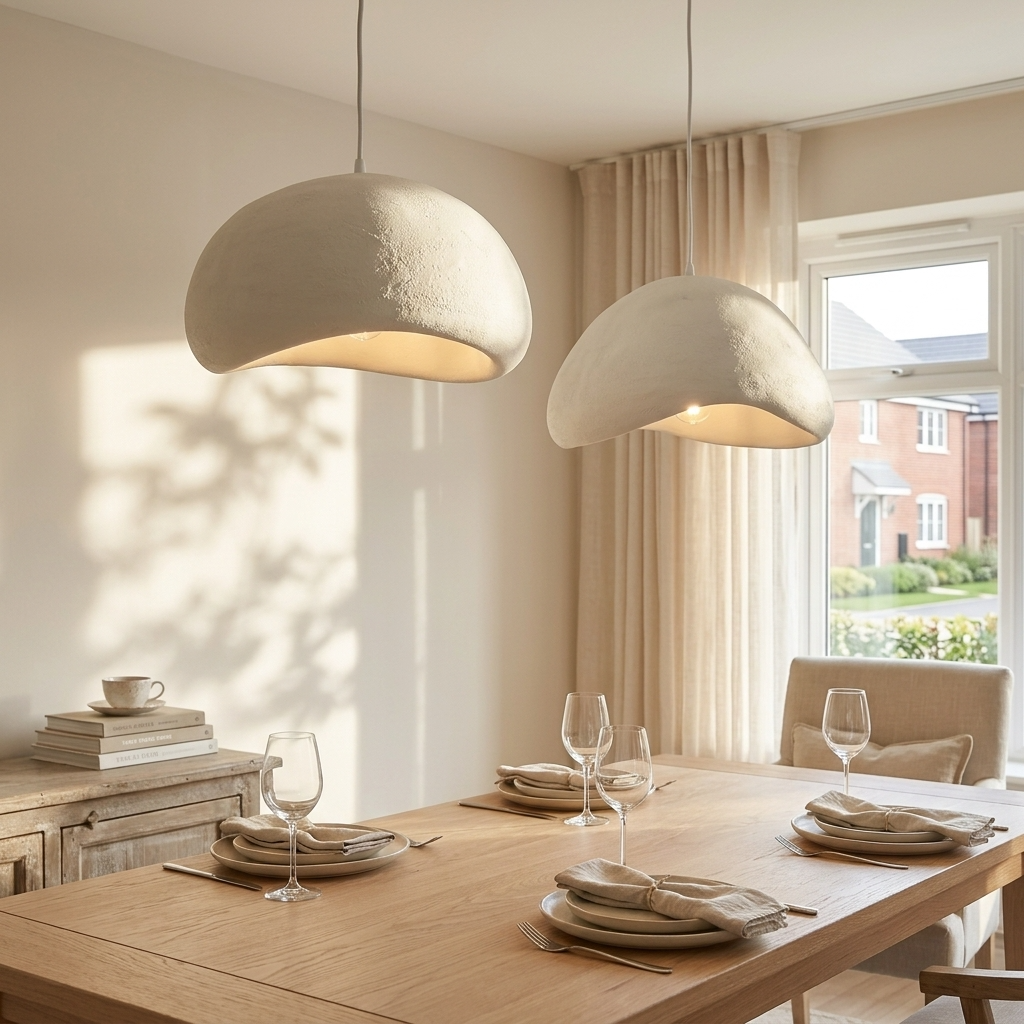Irregular white resin viwa pendant lights casting a warm glow over a bright minimalist dining space