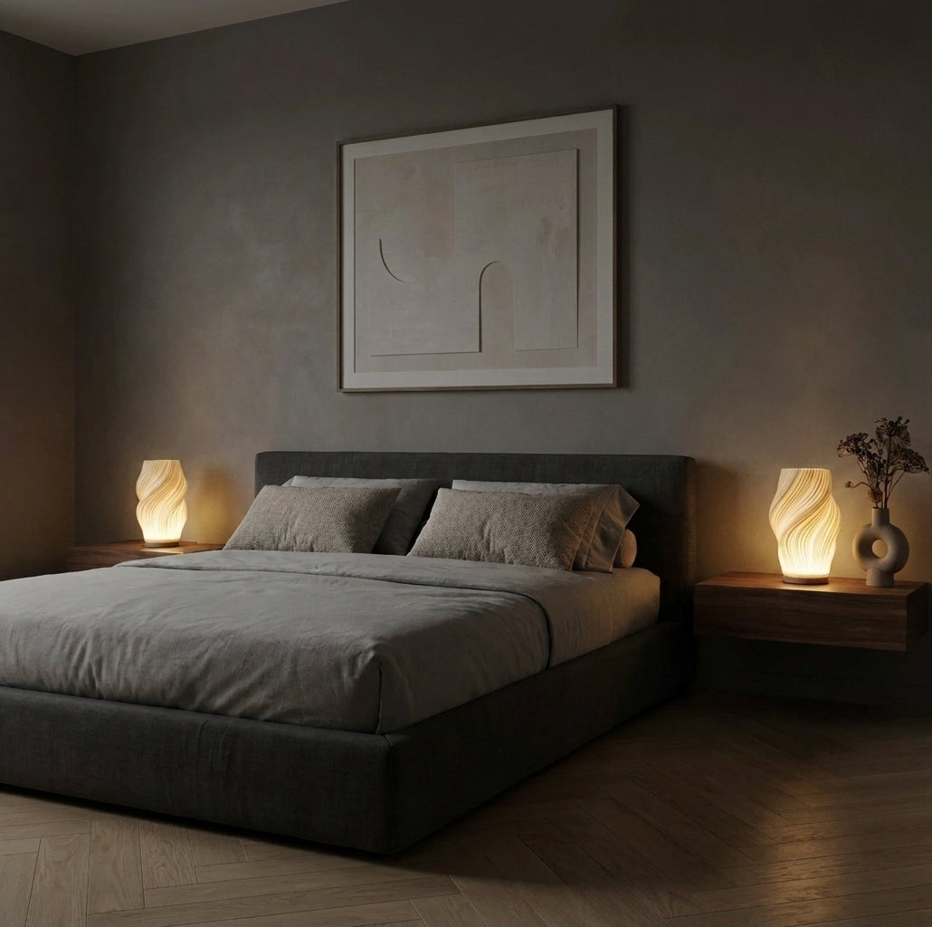 Two Volzi cream 3D wave table lamps on nightstands flanking a bed