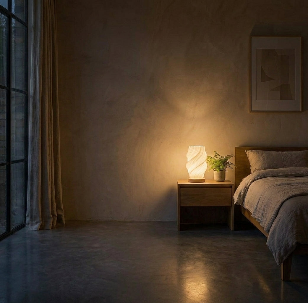 Volzi cream 3D wave table lamp glowing on a bedside table in a dark bedroom