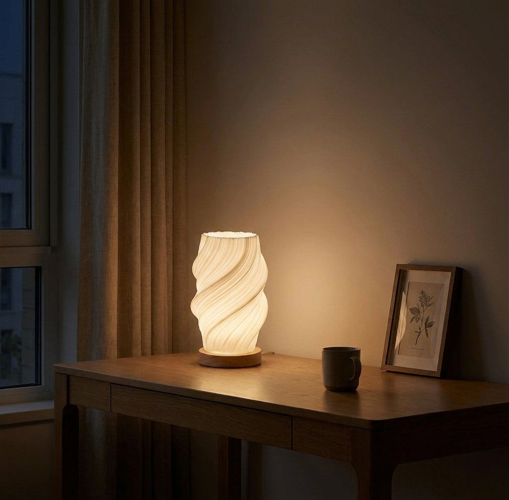 Volzi - Modern Cream 3D Wave Table Lamp with Wooden Base