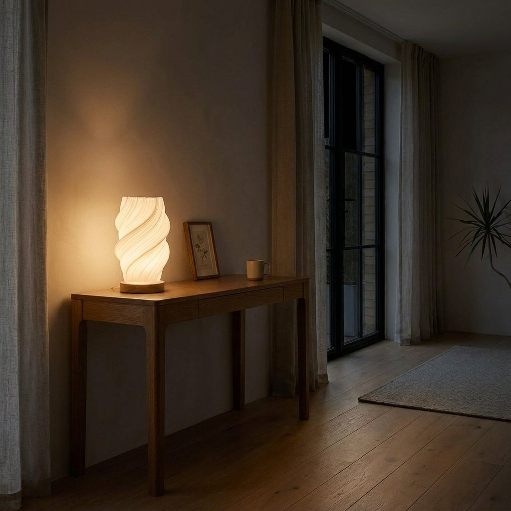 volzi table lamp standing on a side table in a living room next to a window