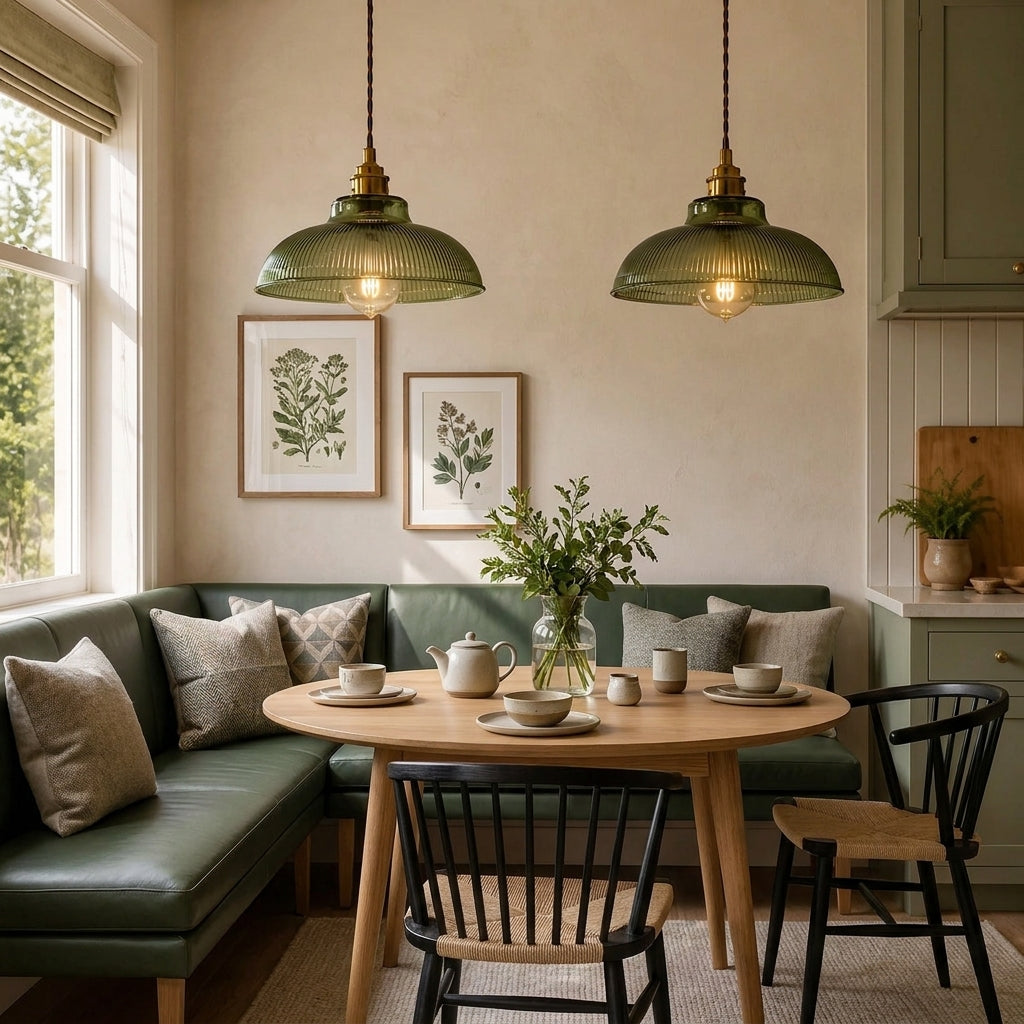 Vopzi pendant light above a round dining table in a cosy dining nook with a green bench seat