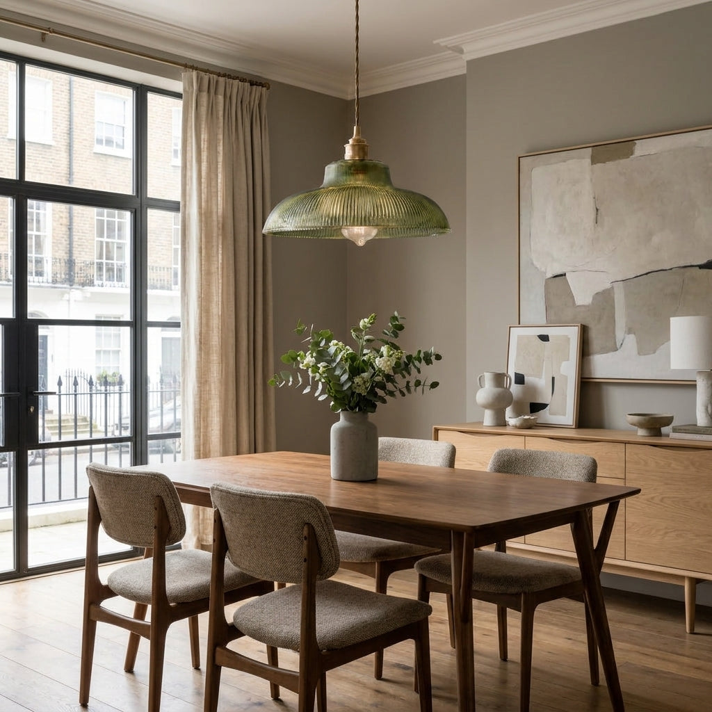 Vopzi pendant light hanging above a wooden dining table in a dark-walled dining room