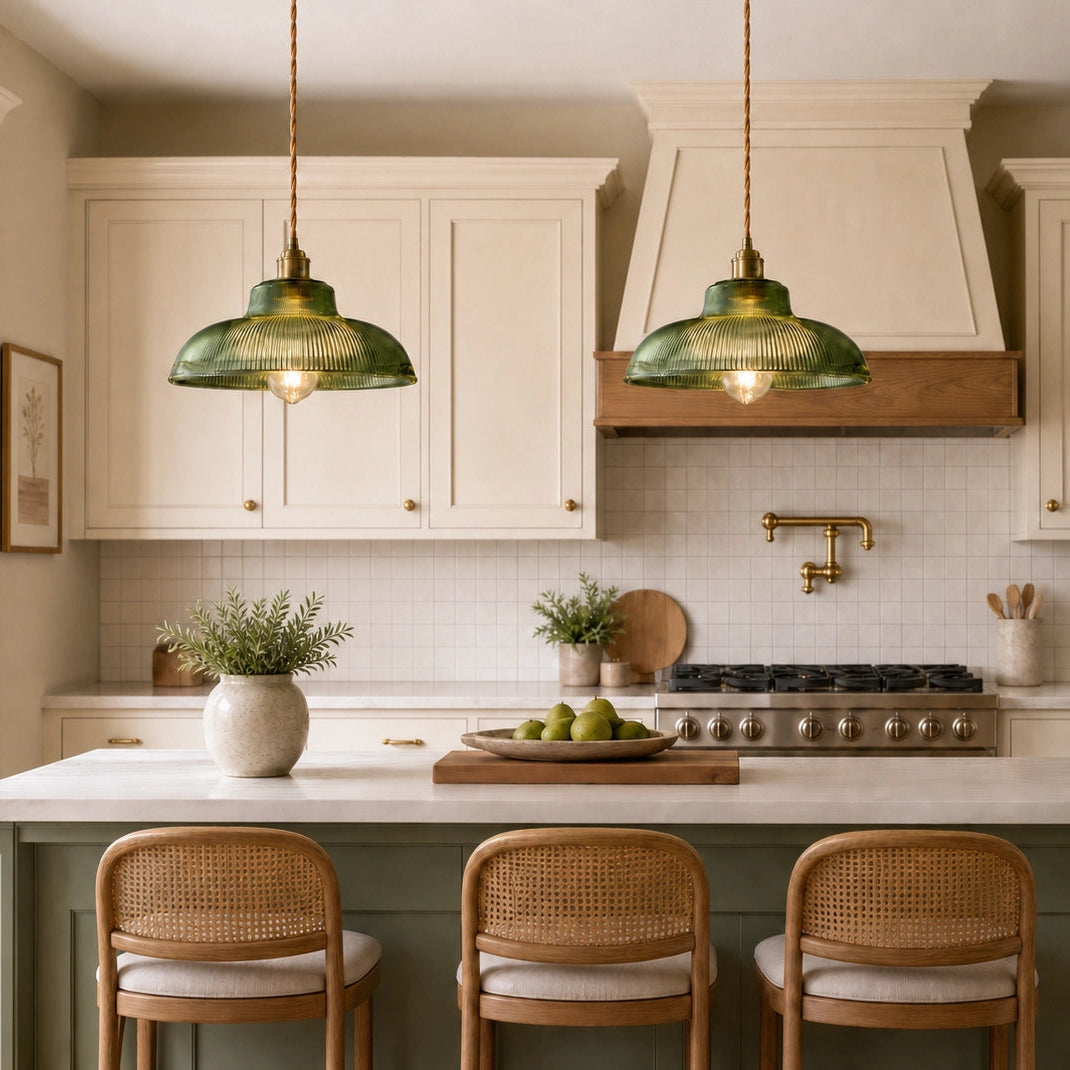 Two Vopzi pendant lights hanging above a kitchen island with cream cabinets