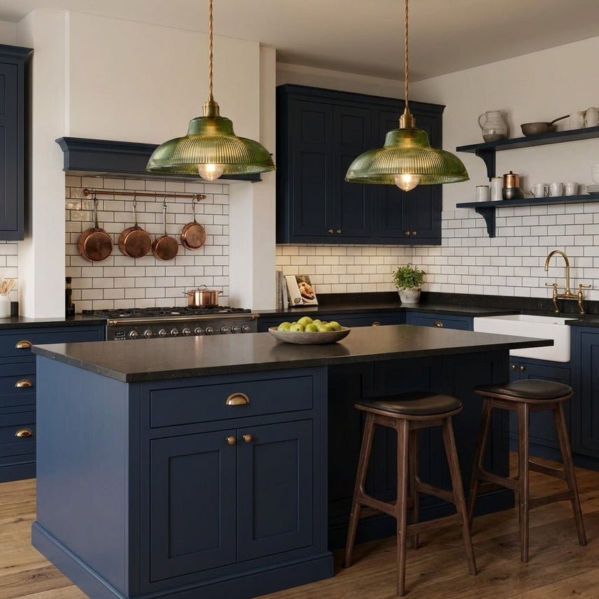 Vopzi pendant light hanging above a kitchen island with dark navy cabinets and open shelving