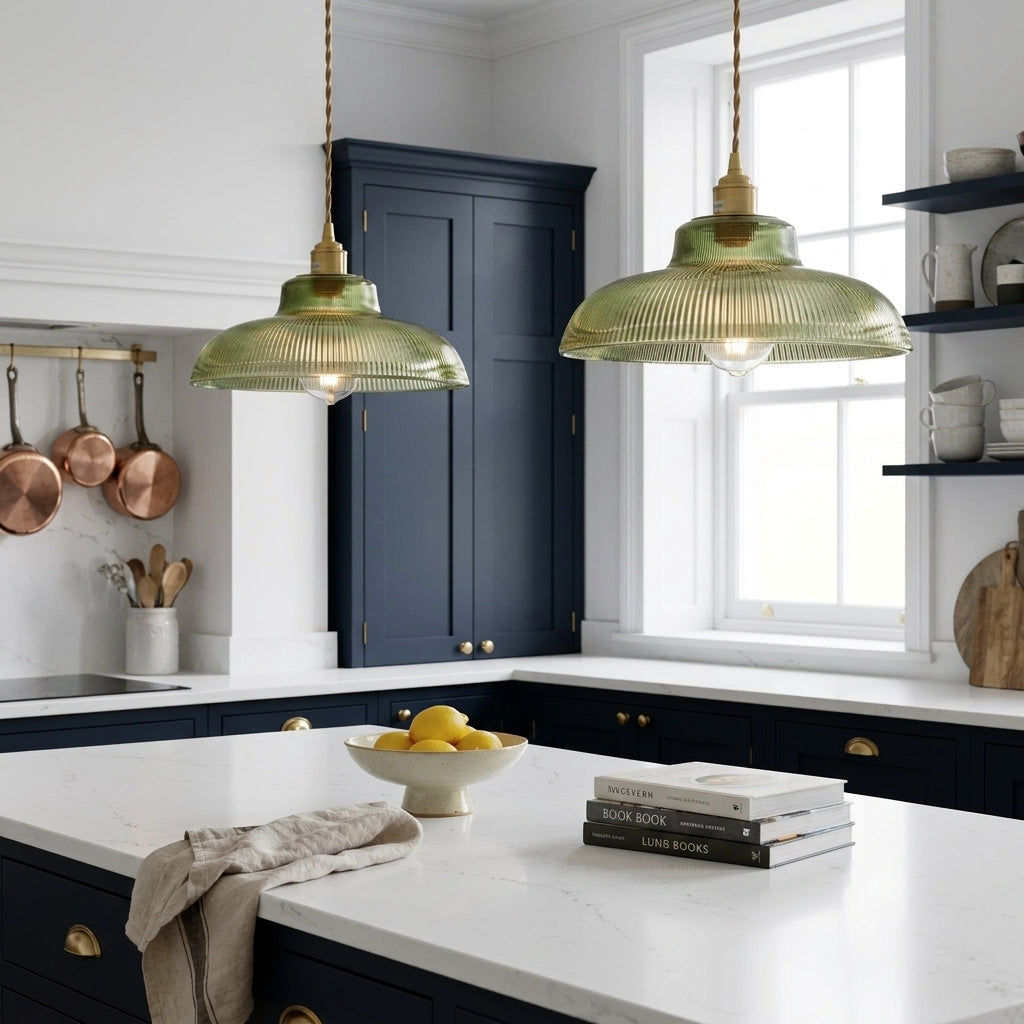 2 Vopzi pendant lights hanging above a kitchen island in a navy cabinet kitchen with copper pots