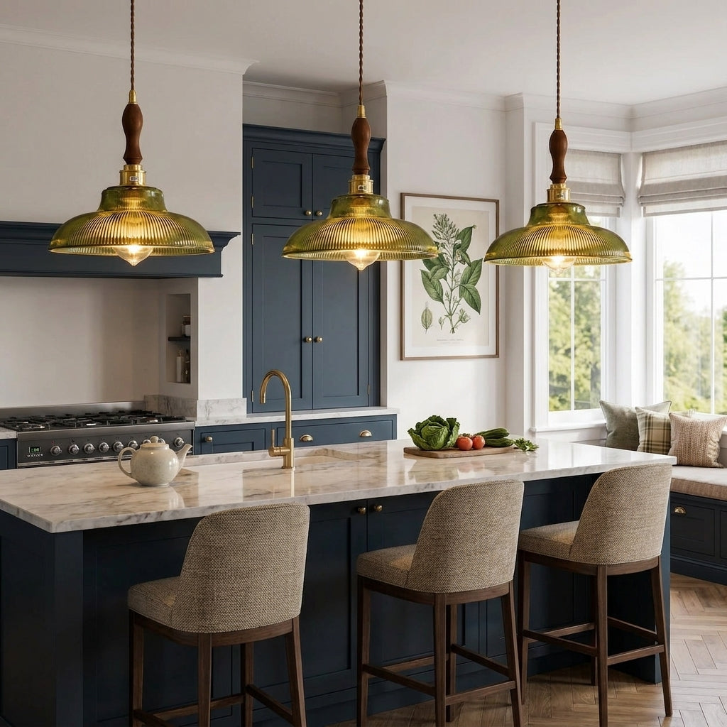 3 Vopzi pendant lights hanging above a kitchen island with navy cabinets