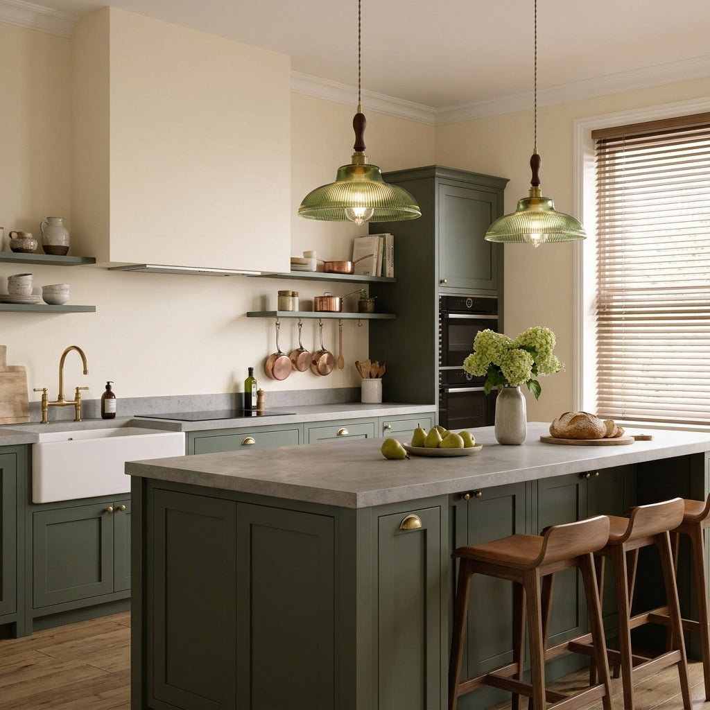 Vopzi pendant light hanging above a kitchen island with sage green cabinets