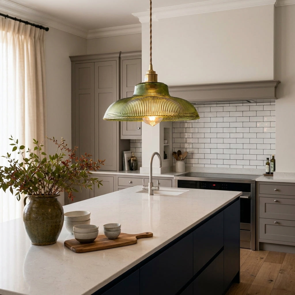 Vopzi pendant light hanging above a white kitchen island with wood cabinetry