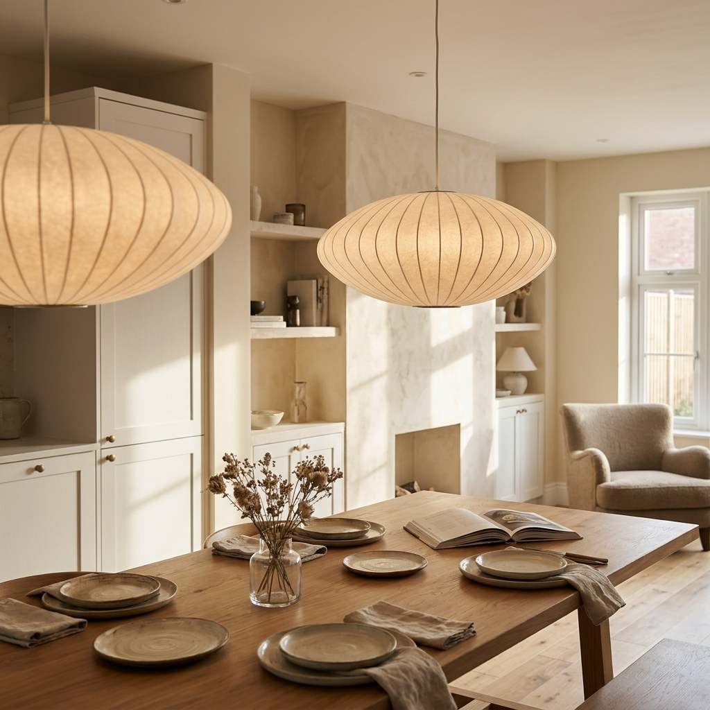 Minimalist Wabi-Sabi ceiling lamp illuminating a beautifully set dining room table