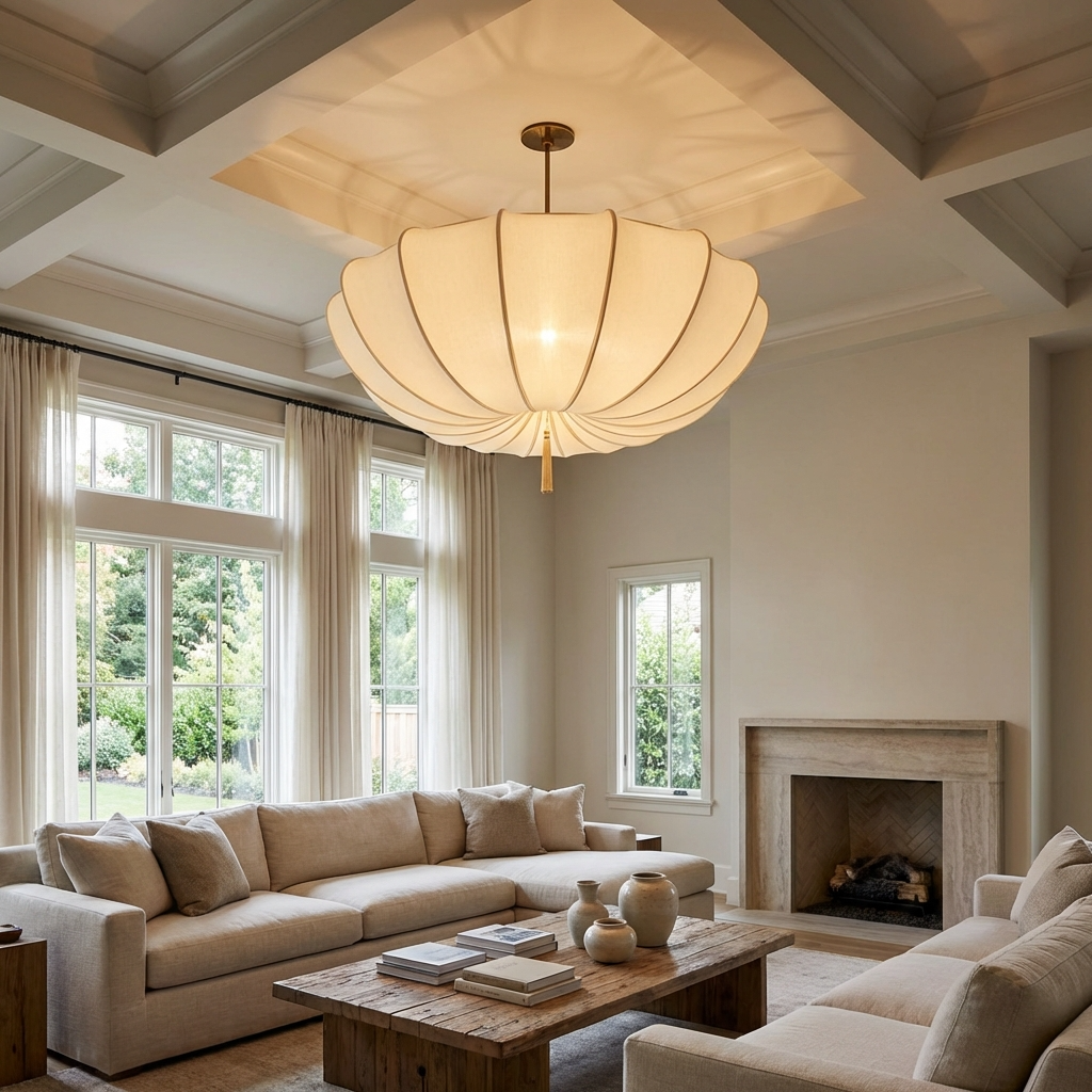 Wabi-Sabi minimalist fabric pendant light hanging gracefully in a sophisticated, spacious living room