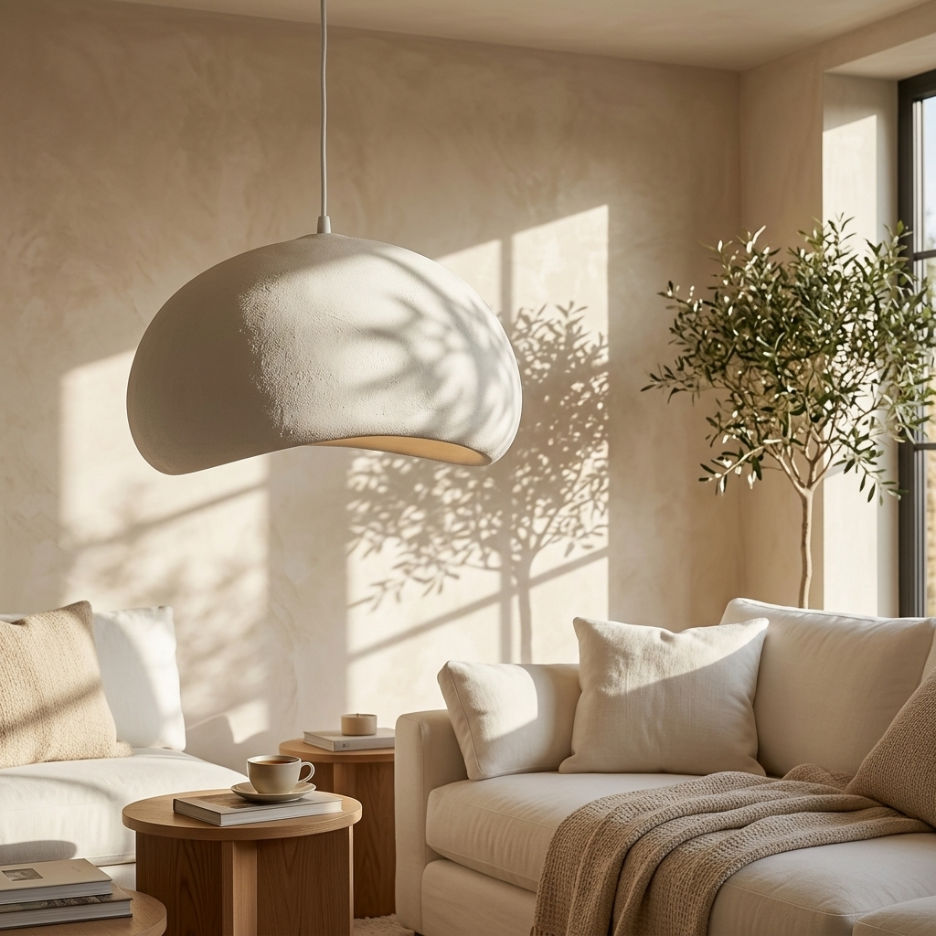 Wabi-Sabi resin pendant light providing a serene atmosphere in a sunlit modern living room