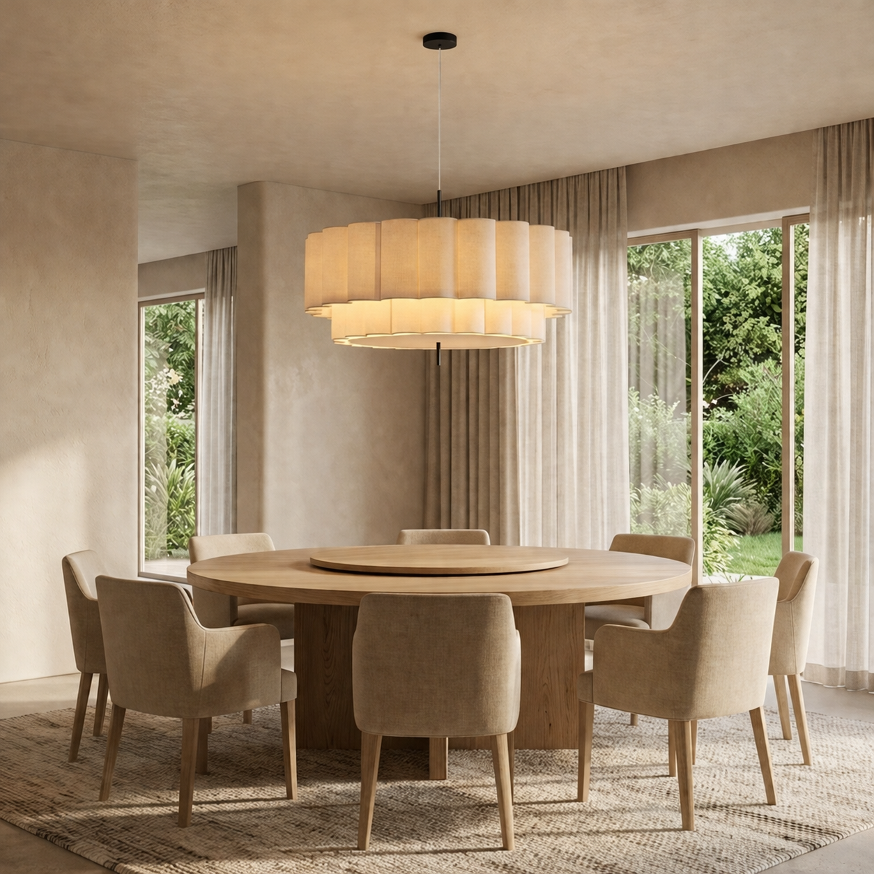 Wabi-Sabi tiered pendant light illuminating a spacious, neutral-toned dining room with a large round table