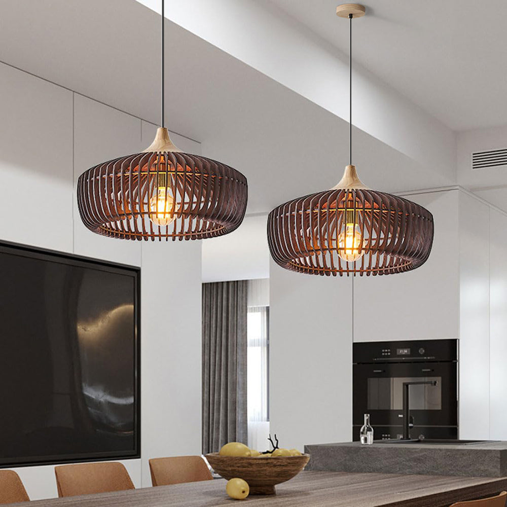 Two walnut slatted wood pendant lights illuminating a contemporary kitchen and dining space